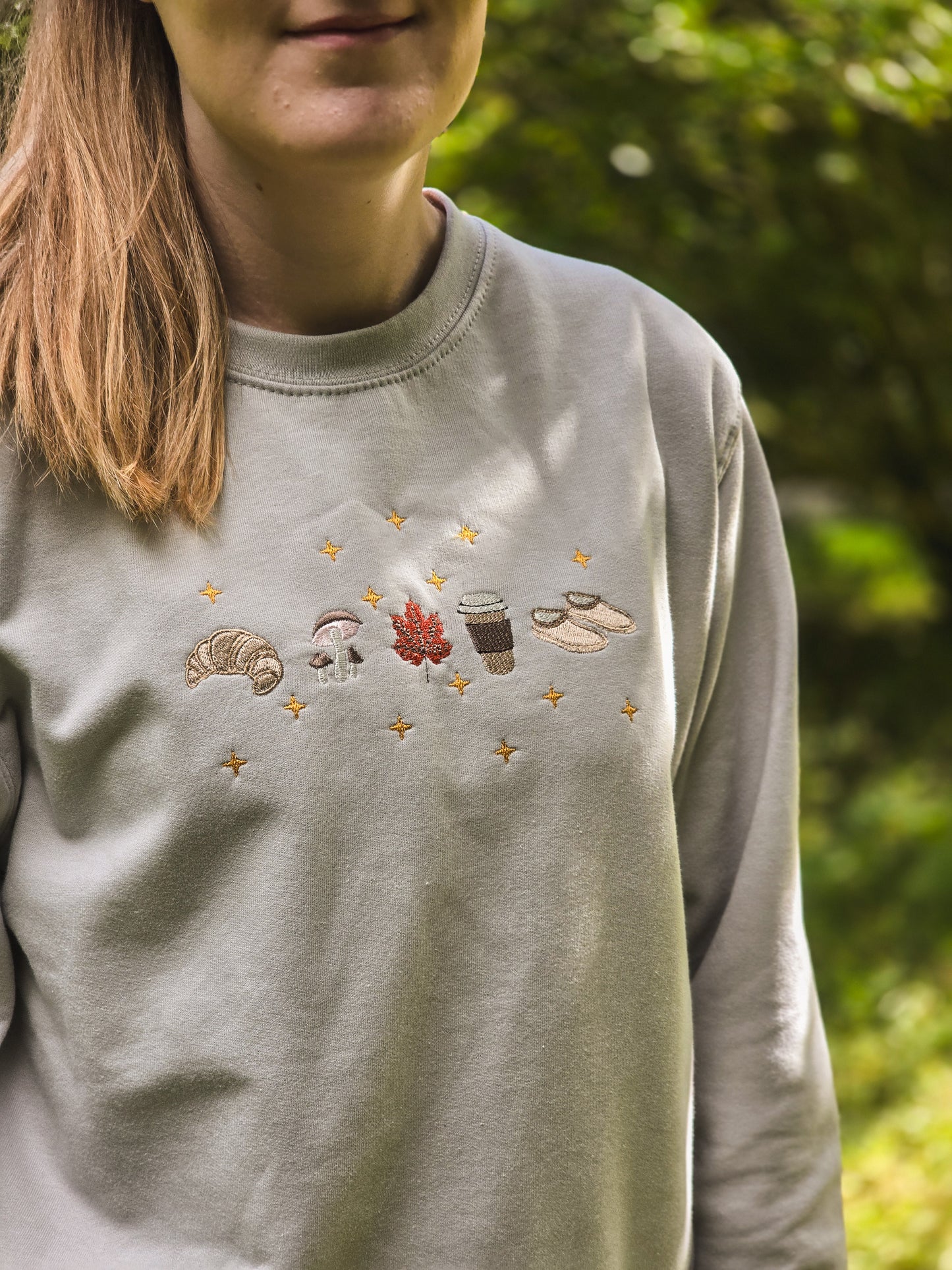 Cosy Autumn Essentials embroidered sweatshirt with croissant, coffee, mushroom and leaf and slipper design