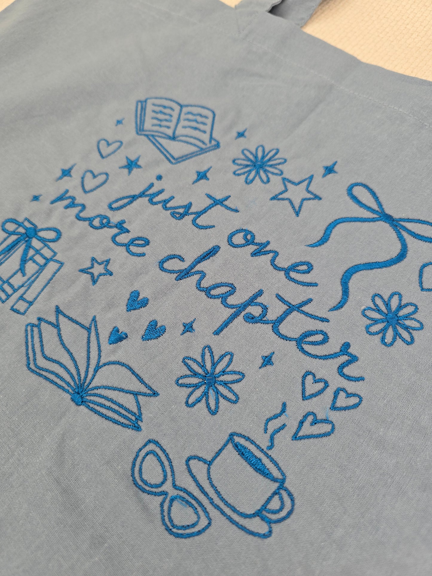 “Just One More Chapter” Limited Edition Embroidered Tote Bag - Dusky Blue