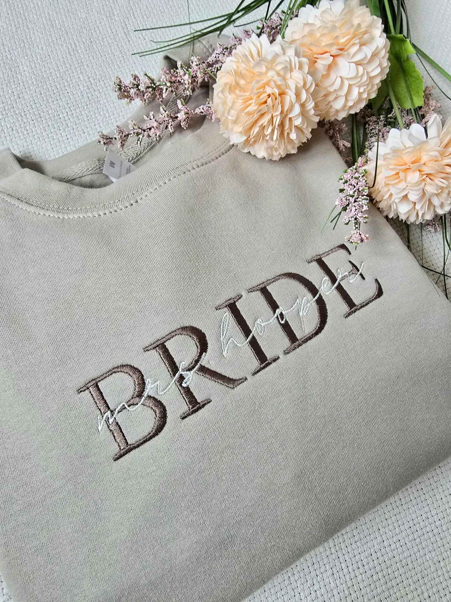 Bride Embroidered Sweatshirt – Personalised Script Overlay Wedding Jumper