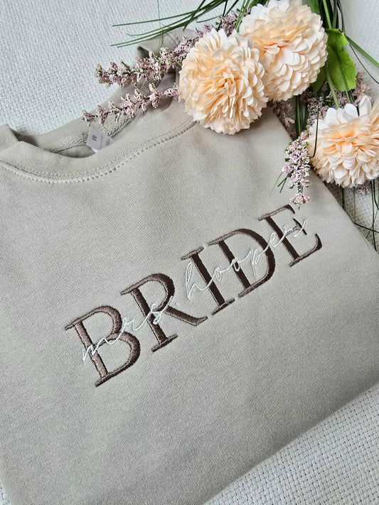 Bride Embroidered Sweatshirt – Personalised Script Overlay Wedding Jumper