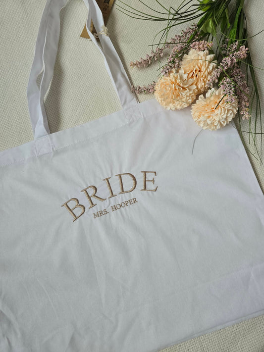 Personalised Bride Tote Bag – Embroidered Wedding Day Bag with Name