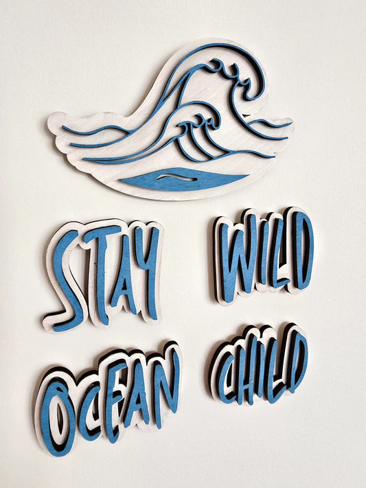 “Stay Wild Ocean Child” Wooden Wall Art | Coastal Nursery Decor | Layered Wave Sign
