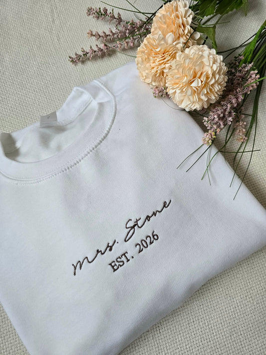 Personalised “Mrs” Embroidered Sweatshirt – Custom Name & Wedding Date Jumper