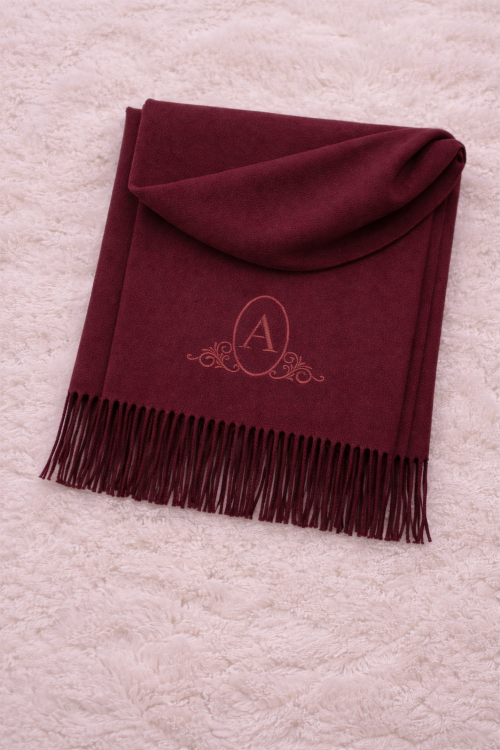 Burgundy personalised scarf with embroidered monogram initial and decorative detailing