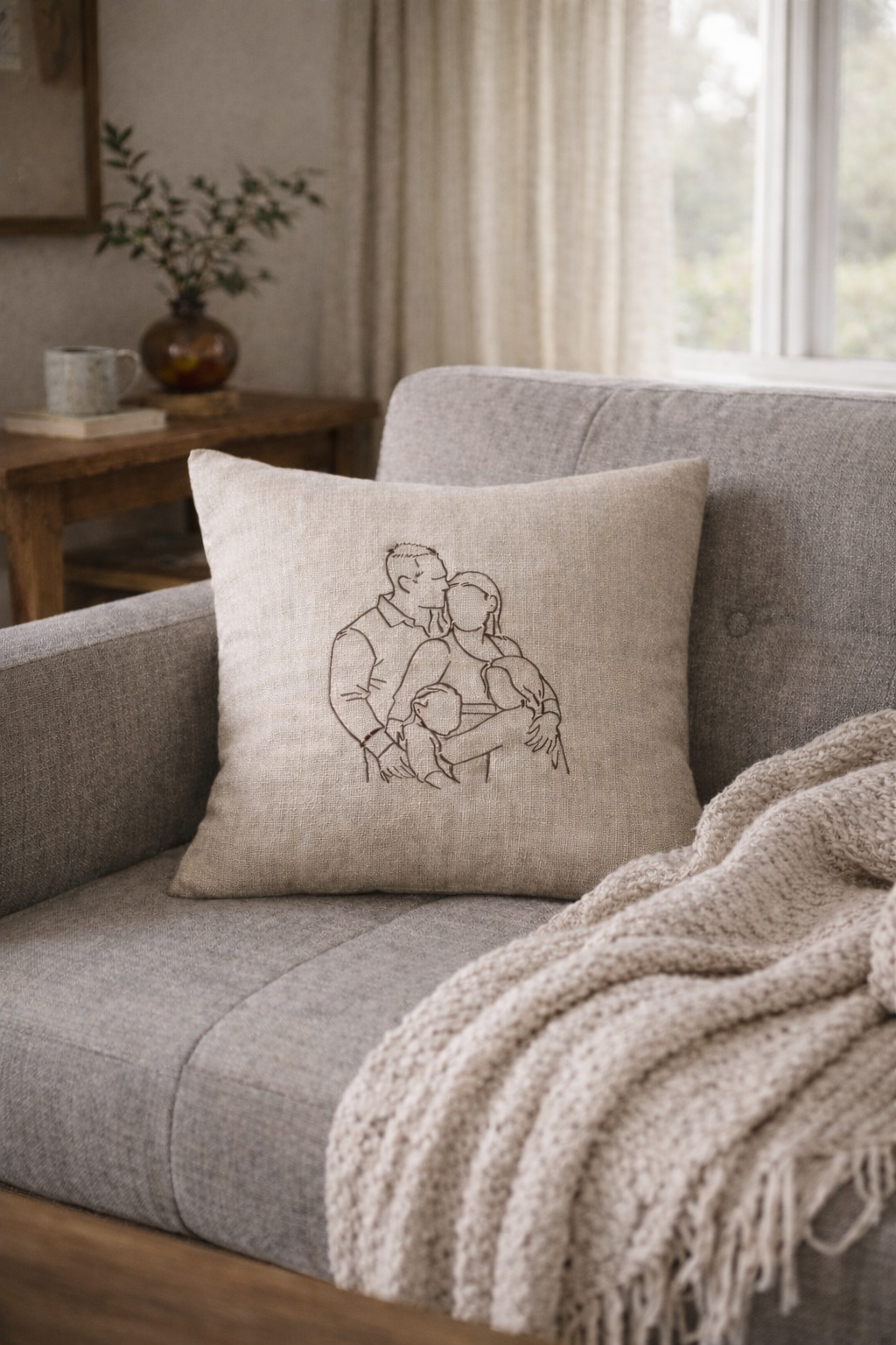 Personalised Family Line Art Cushion – Custom Embroidered Keepsake Cushion
