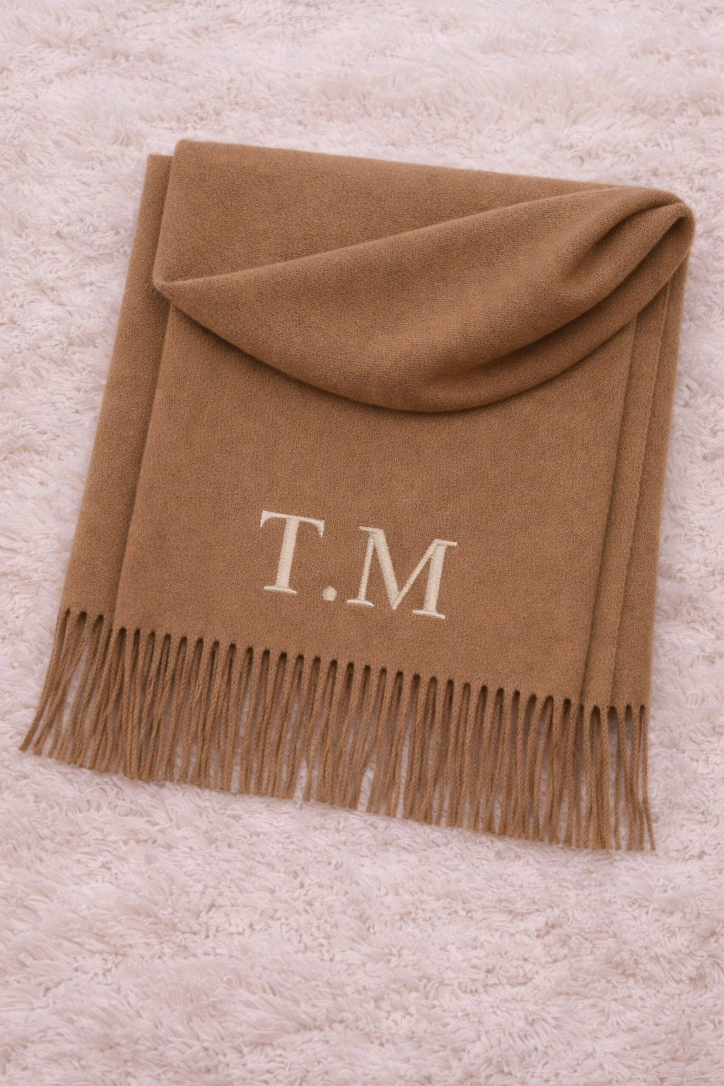 Camel personalised scarf with embroidered initials and tassel edge