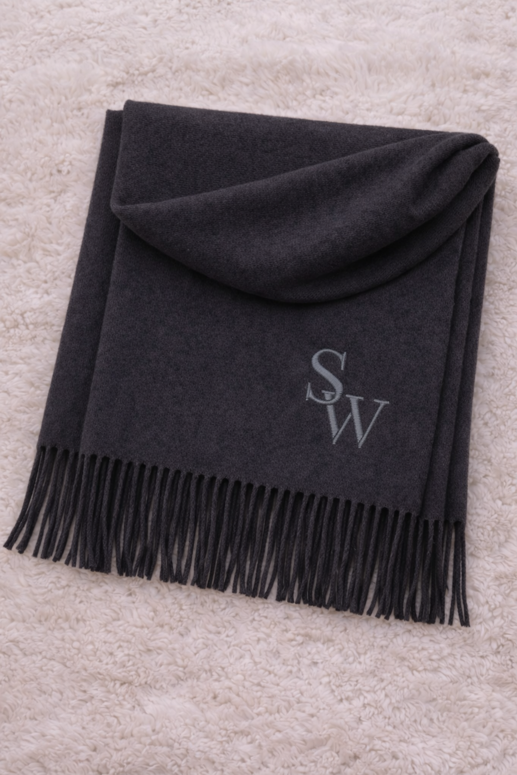 Dark grey personalised scarf with embroidered monogram initials and tassel edge
