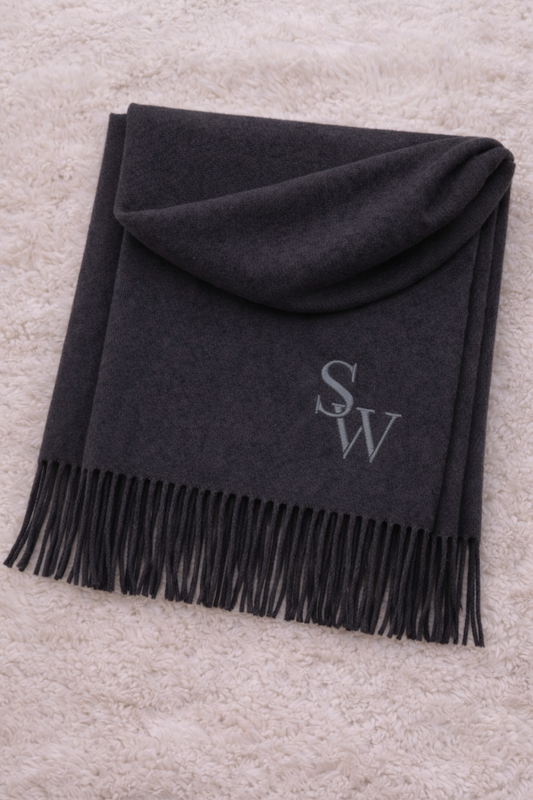 Dark grey personalised scarf with embroidered monogram initials and tassel edge