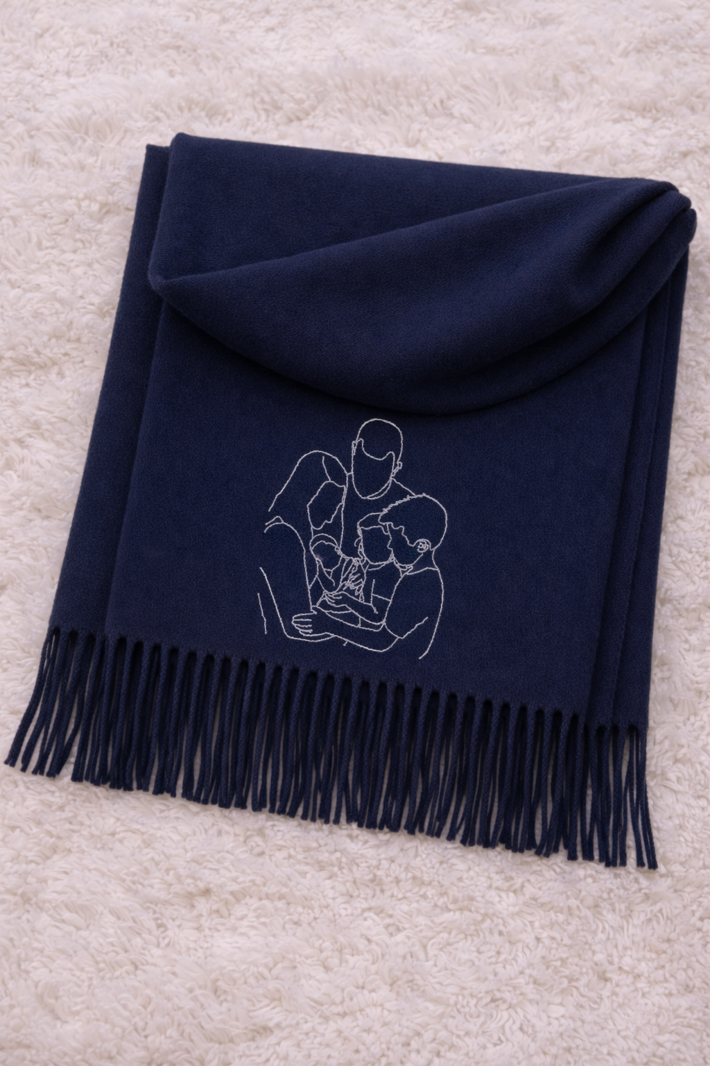 ersonalised navy scarf with custom embroidered family line art portrait and tassel edge