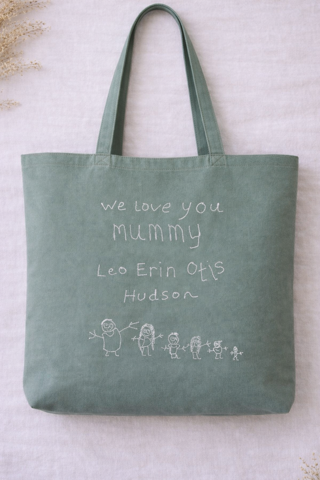 Personalised embroidered line art tote bag made from 100% organic cotton featuring a child’s drawing and handwritten names