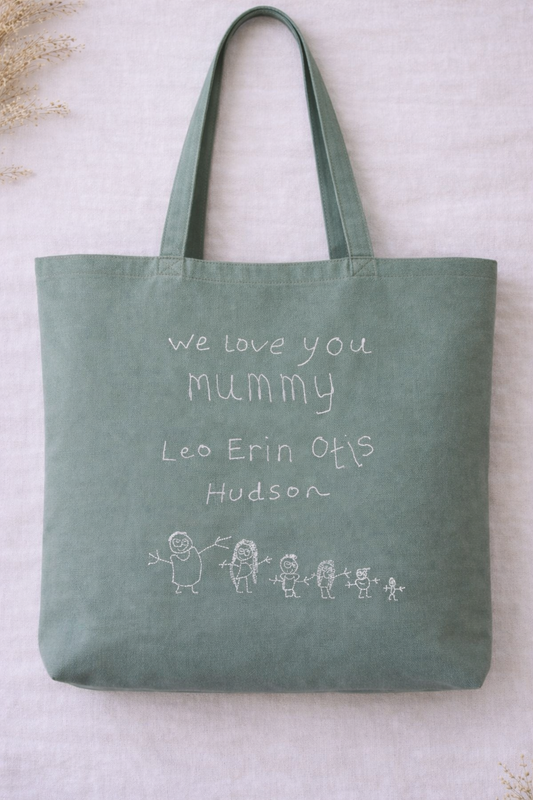 Personalised embroidered line art tote bag made from 100% organic cotton featuring a child’s drawing and handwritten names