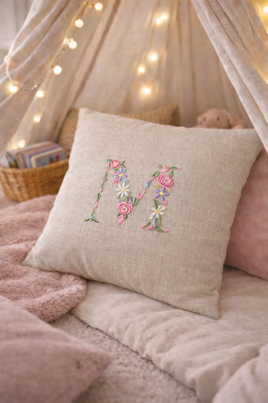 Personalised Floral Initial Embroidered Cushion – Embroidered Keepsake Cushion