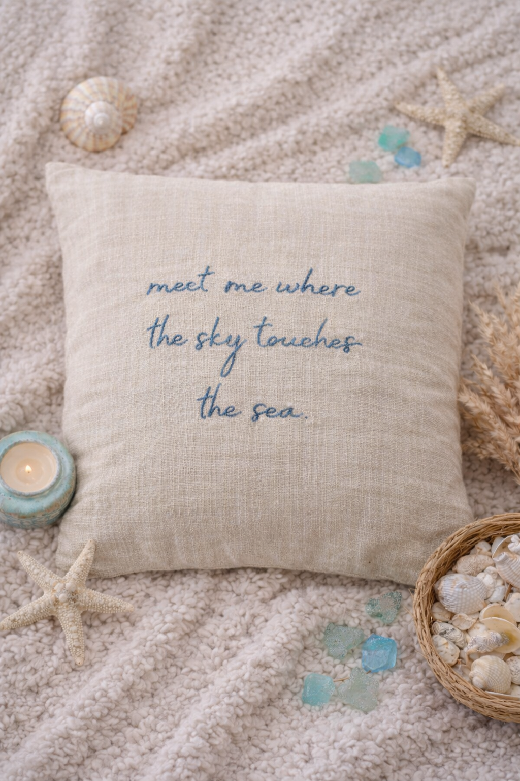 “Meet Me Where the Sky Touches the Sea” Embroidered Quote Cushion – Coastal Home Décor