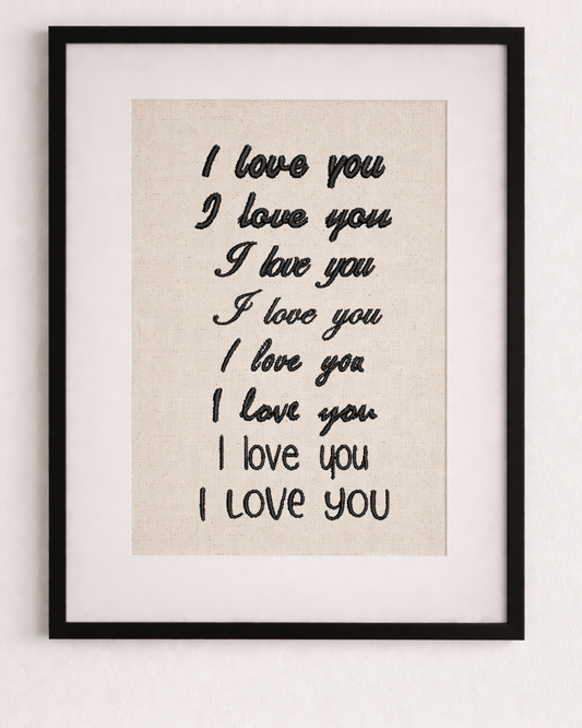 “I Love You” Embroidered Quote Wall Art – Framed Linen Text Embroidery Keepsake