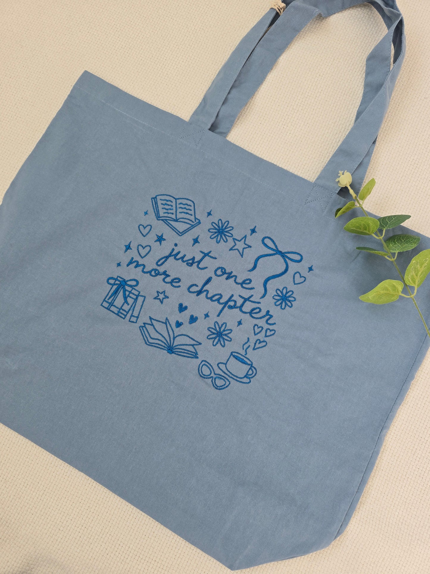 “Just One More Chapter” Limited Edition Embroidered Tote Bag - Dusky Blue
